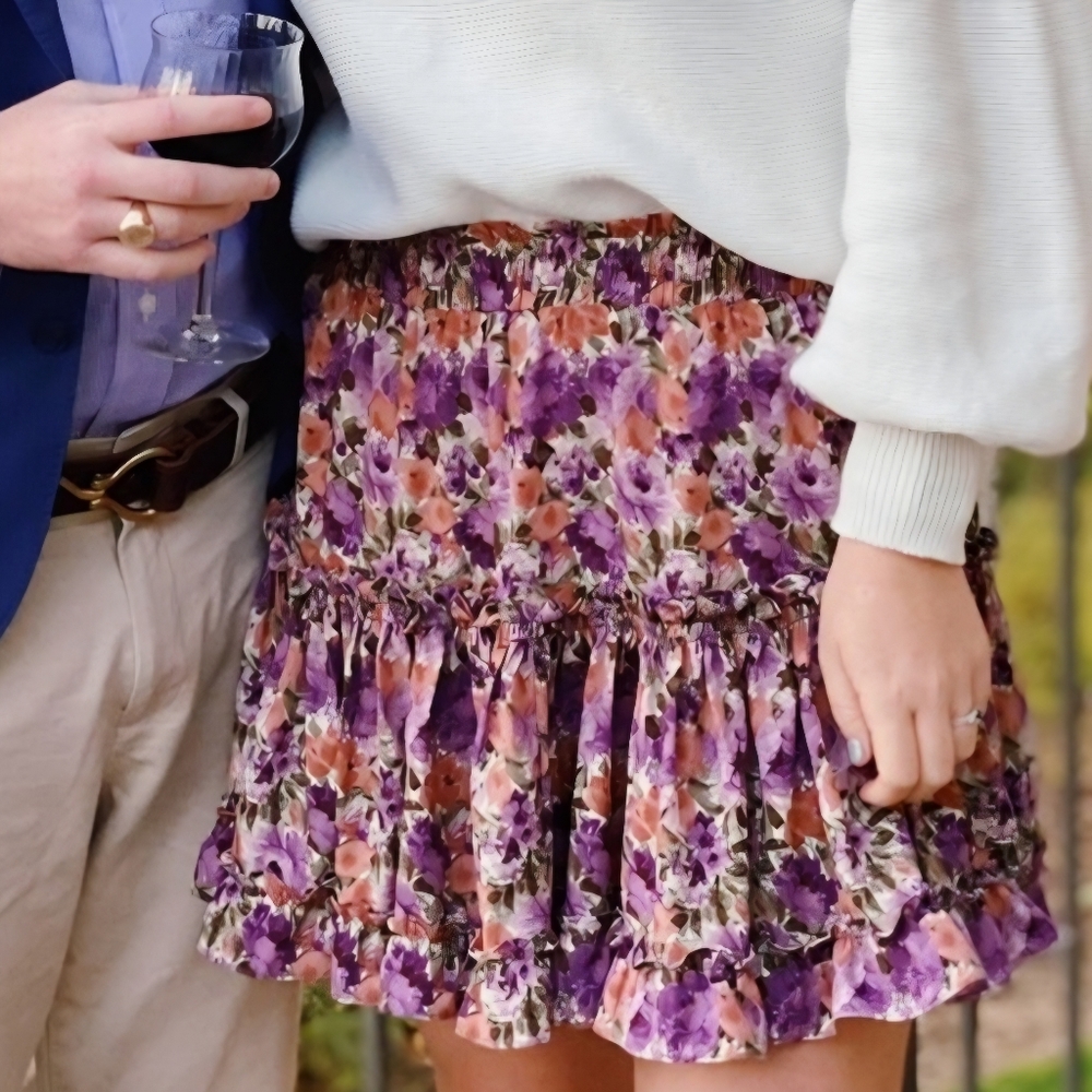 DO + BE Purple Blush Ditzy Flower Tired Ruffle Lined Mini Skirt Women's Size S